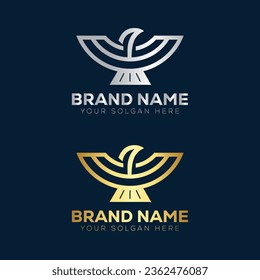 Flying Bird vector logo. Luxury bird, vector line logotype design. Silver and Golden Color theme Design Dark Blue Background
