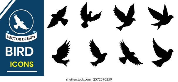 Flying Bird vector. silhouette, Bird icon set. Set of silhouettes of birds vector sign and symbol. Flying, sitting vector set. Bird symbol for logo, app and web design. Vector illustration.