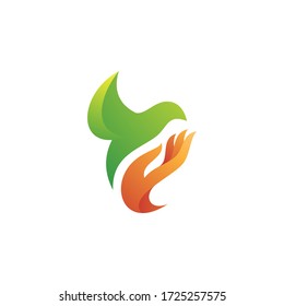 Flying Bird Wing and Care Hand Logo Design with Vibrant Colorful Gradient Coloring