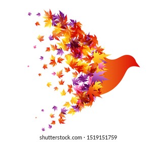 Flying bird with wings from colorful autumn leaves. Vector decoration from scattered elements. Colorful isolated silhouette. Conceptual illustration.