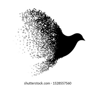 Flying bird with wings from letters. Vector decoration from scattered elements. Monochrome isolated silhouette. Conceptual illustration.