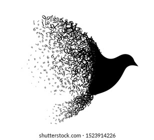 Flying bird with wings from numbers. Vector decoration from scattered elements. Monochrome isolated silhouette. Conceptual illustration.