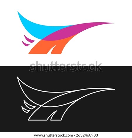 Flying bird wings stylized logo. Aircraft colorful painting decal illustration. Vibrant colors dynamic symbol. Fast moving and take off plane concept