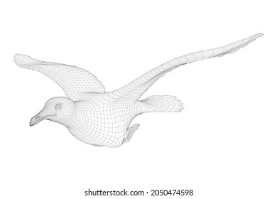 Flying bird wireframe isolated on white background. Side view. 3D. Vector illustration