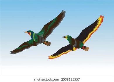 Flying birds blend line art 3d vector illustration, Gradient color blending illustration.