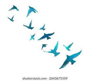 Flying birds blue silhouette flock. hand drawing. Not AI. Vector illustration.