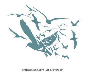 Flying birds blue silhouettes on white background. Vector illustration. isolated bird flying. tattoo design