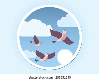 Flying birds in blue sky with clouds and sun. Vector illustration.
