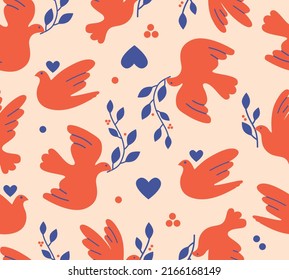 Flying birds with branches seamless pattern dove of peace and love freedom no war concept