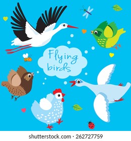 Flying Birds. Cartoon Vector Illustration. Flying In The Sky Stork, Duck, Swan, Sparrow And Chicken. Flying Birds In The Sky. Flying Birds Wall Decor. Flying Birds Wall Art.