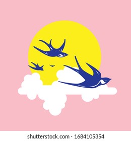 Flying birds colorful vector illustration on pink background, clouds sky