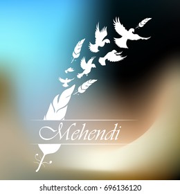 Flying birds. Bird's feather.. Mehendi on a blurred blue white green brown background. Bohho style.