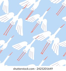 Flying birds flock, seamless pattern design. Herons, cranes in sky, endless nature background, texture, repeating print for textile, fabric, wallpaper and wrapping. Colored flat vector illustration