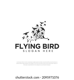 Flying birds in flocks under the moon design logo, symbol, icon, flying bird illustration design template, vector
