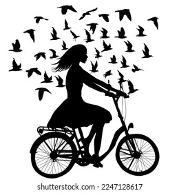 Flying birds with girl biking