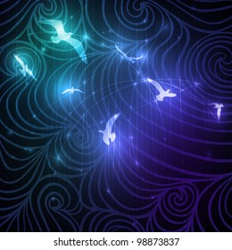 Flying birds, glowing natural background, eps10 format