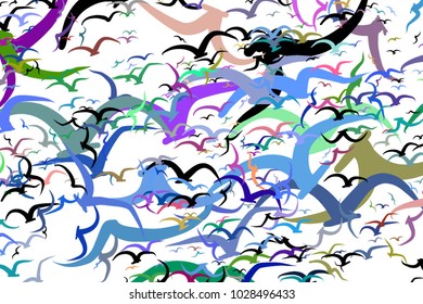 Flying birds illustrations background abstract, hand drawn texture. Cartoon style vector.