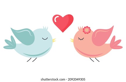 Flying birds in love and a heart between them. Valentine's day concept. Couple of cute girl and boy birds.