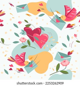 Flying birds with love letters in envelopes, St Valentines day greeting and celebration of holiday. Hearts and roses, flowers. Seamless pattern, wallpaper or background print. Vector in flat style