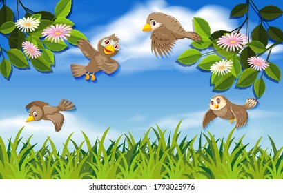 Flying birds in the nature illustration