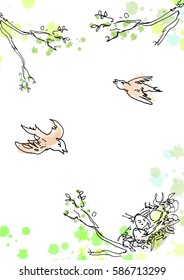 Flying birds and the nest at the tree. Spring, motherhood, Mother`s Day conception