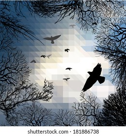 Flying birds on background tree branches. vector