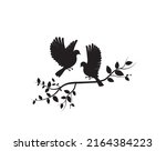 Flying birds on branch and birds couple, vector. Wall decals, birds on tree design. Birds in love. Nature art design. Wall decor isolated on white background
