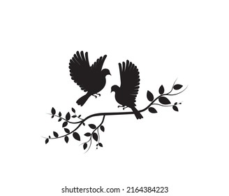 Flying birds on branch and birds couple, vector. Wall decals, birds on tree design. Birds in love. Nature art design. Wall decor isolated on white background