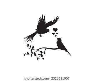 Flying Birds on Branch with hearts illustration, vector. Wall Decals, Three Birds Three Design, Couple of Birds Silhouette. Art Design, Wall Decor isolated on white background
