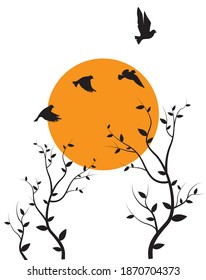 Flying Birds on Branch on sunset Vector, Wall Decals, Birds on Tree Design, Couple of Birds Silhouette. Nature Art Design, Wall Decor isolated on white background