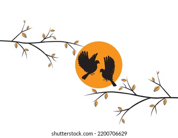 Flying birds on branch on sunset, vector. Flying dove birds silhouettes illustration isolated on white background. Wall decals, birds on tree design. Birds in love. Nature art design.