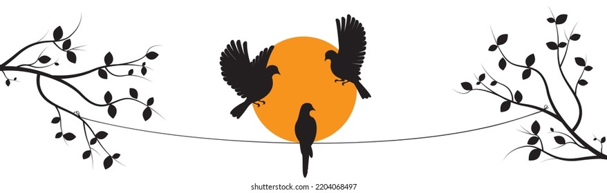 Flying birds on branch on sunset, vector. Family dove birds silhouettes illustration isolated on white background. Wall decals, birds on tree design. Birds in love. Nature art design.