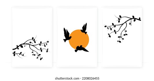Flying birds on branch on sunset, vector. Flying dove birds silhouettes illustration isolated on white background. Three pieces minimalist poster art design. Birds in love. Nature art design.