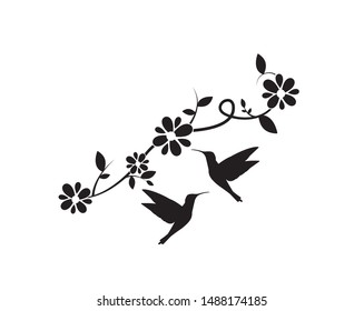 Flying Birds On Branch Vector, Hummingbirds silhouettes, Wall Decals, Birds Silhouette, Hummingbirds Birds on branch with flowers, Art Design, Wall Art. Isolated on white background.