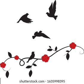 Flying Birds On Branch Vector, birds silhouettes, Wall Decals, Birds Silhouette, Birds on branch with flowers, Art Design, Wall Art. Isolated on white background.