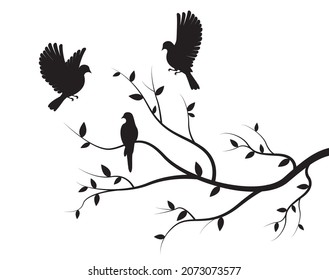 Flying birds on branch, vector. Flying birds silhouettes isolated on white background, illustration. Black and white wall decals. Wall art, artwork