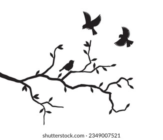 Flying Birds on Branch Vector. Flying birds silhouette and branch illustration isolated on white background. Black and white minimalist art design