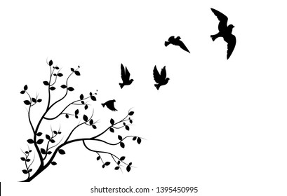 Flying Birds on Branch, Wall Decals, Three Birds Three Design, Couple of Birds Silhouette. Art Design, Wall Decor isolated on white background 