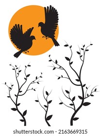 Flying Birds on Branch, Wall Decals, Three Birds Three Design, Couple of Birds Silhouette. Art Design, Wall Decor isolated on white background 