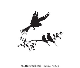 Flying Birds on Branch, Wall Decals, Three Birds Three Design, Couple of Birds Silhouette. Art Design, Wall Decor isolated on white background