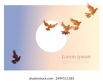 Flying birds on sunrise background in sumi-e style