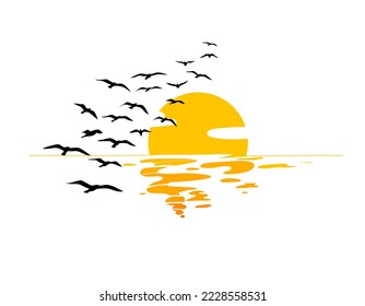 Fliegende Vögel auf Sonnenuntergang, Fliegende Vögel Silhouetten einzeln auf weißem Hintergrund. Vektorminimalistische Illustration.