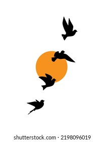 Flying birds on sunset, vector. Flying birds silhouettes isolated on white background. Minimalist art design. Wall art design, artwork. Synonym of freedom