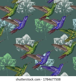 Flying birds on a vegetable background. Blue and green hummingbirds and plant leaf prints. Seamless pattern for different surfaces.