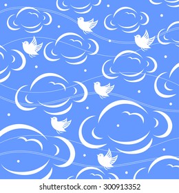 flying birds on white cloud and blue sky background, contemporary Japanese pattern design, vector