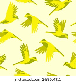 Flying birds on a yellow background seamless pattern. The topic is nature conservation. Ideal for women's and men's clothing, swimwear, children's clothing, home decor. Vector illustration