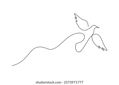 Flying birds in one continuous line drawing. The flying dove is a symbol of peace. Isolated on white background. Scribble vector