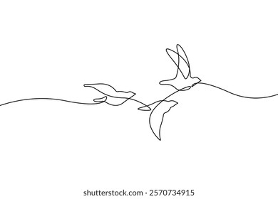 Flying Birds One Line Drawing. Vector One Line Drawing of Birds Silhouettes. Linear Continuous Line Drawing of Flying Freedom Symbol in Simple Linear Style for Minimalist Design. Not AI