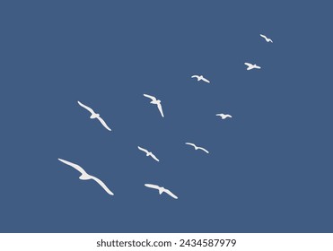 Flying birds outline vector illustration on blue background. Birds migration concept 