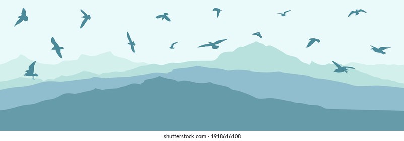 Flying birds over mountains, silhouette. Beautiful landscape. Vector illustration.